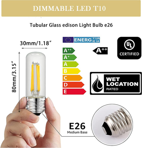 T10 Led Bulb 5000K 3.2 inches, e26 Led Bulb 60 watt Equivalent Dimmable, T25 Tubular Light Bulb, Edison Bulbs 6W e26 Medium Base Lightbulb UL Listed, Pack of 4 by NOVELUX