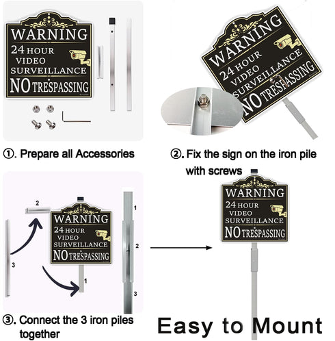 (2Pack) 36" 12 12 Inches 40Mil Large Video Surveillance Sign, No Trespassing Warning Sign, With Long Stake x Thick