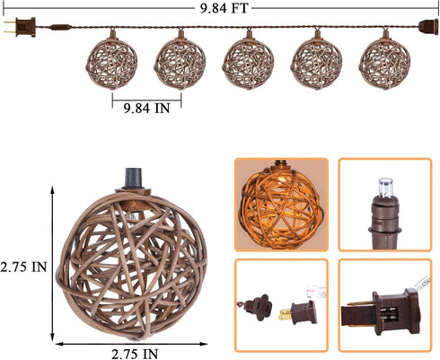 10 Bulbs 9.84FT Vigdur Rattan Ball String Lights, Boho Lantern String Lights with Led Connectable, Indoor Outdoor