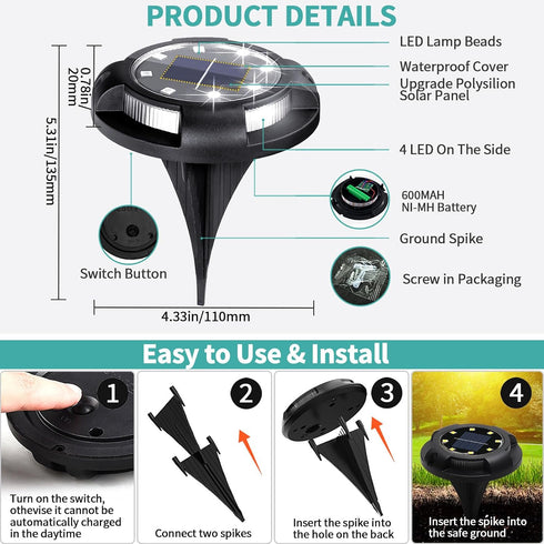 ANKUNABA 8 Pack 12 Solar Ground Lights, LED Solar Disk Lights Outdoor Waterproof In-Ground Landscape Lighting
