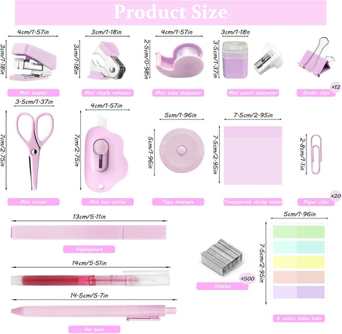 Mini Office Supply Kit, Pink Mini Stapler with Staples and Tape Dispenser Set, Mini Stationary Kit includes Sticky Notes Index Tabs Highlighters Gel Pens for Office & School Annotating Books (Pink) by YUMOONI