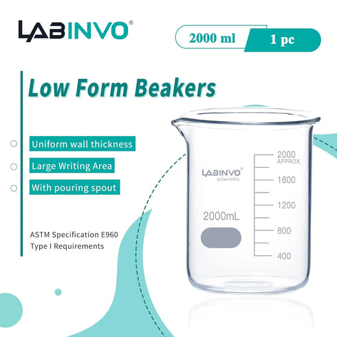 Low Form Graduated Glass Beaker Set, 2000ml/2l Volume, 3.3 Borosilicate Glass Beakers, IN-BKL2000
