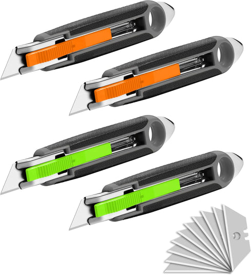 XW 4-pack Self-retracting Safety Box Cutter, Utility Knife with Quick Blade Change, Extra 10 Blades Included