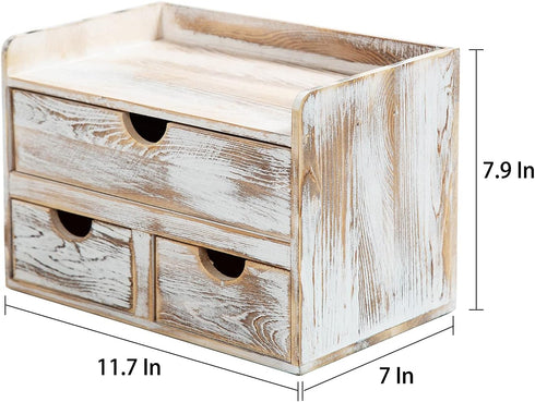 ZHWS Rustic Distressed White 3-Tier Wood Desk Organizer, Mini Desk Storage Shelf with 3 Drawers for Office Supplies