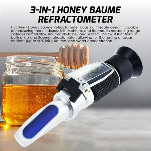 3-in-1 Honey Baume Refractometer, Tri-Scale 58-90% Brix Scale Range Optics Honey Moisture Sugar Tester with ATC for Brix, Honey Moisture, and Baume, for Molasses, Bee Keeping Supplies, and Maple Syrup