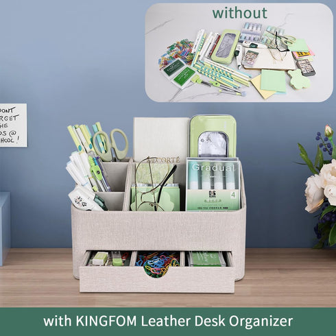 5 Countertop(Beige) KINGFOM PU Leather Desk Organizer with Drawer, Compartments Desktop Storage Caddy for Office & Home