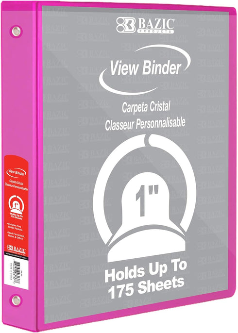 BAZIC 1" Economy View 3 Ring Binder Organizer - Fuchsia, Round Ring, Holds 175 Sheets, 1-Count