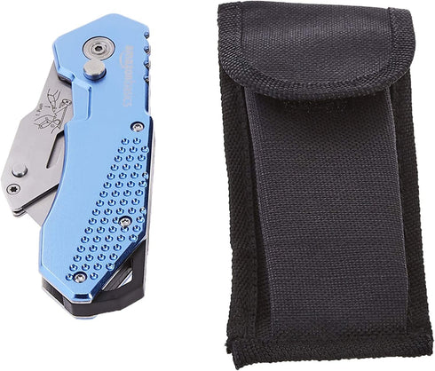 Amazon Basics Folding Utility Knife - Lightweight Aluminum Body with Holster, Light Blue