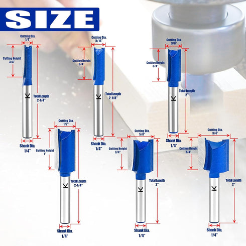 6Pcs Set 1/4" 3/4", 5/8", 1/2", 3/8", 5/16", 1/4" Set Straight Cut Router Bit Shank, Cutting Dia. for Woodworking