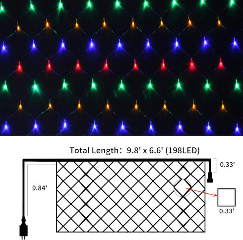 198 9.8ft 6.6ft 8 LED Multicolor Net Lights Outdoor Mesh Lights x for Garden, Lawn, Shrubs, Party, Wedding, Christmas
