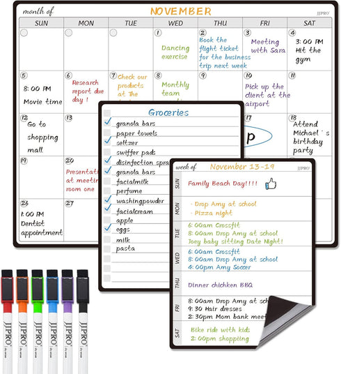 JJPRO Magnetic Monthly Calendar Whiteboard Set for Fridge, Meal Planner Board with Bonus Grocery & Weekly Menu Board