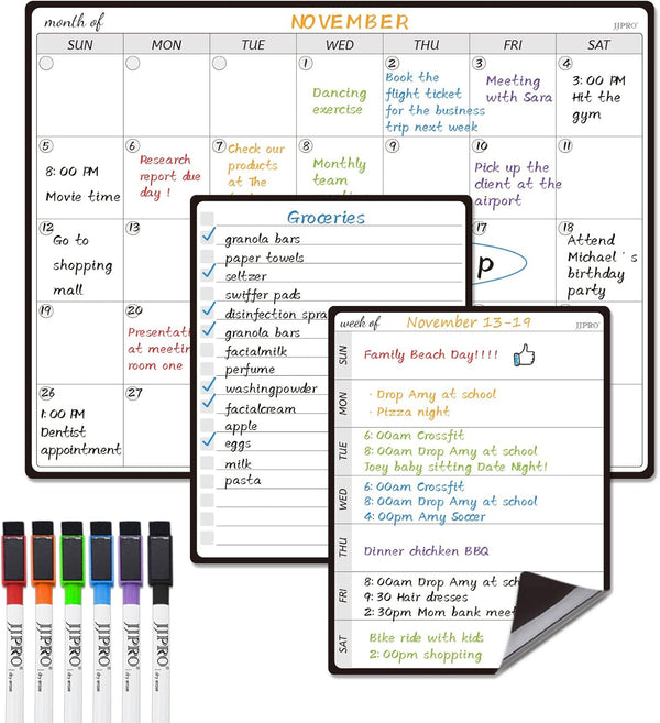 JJPRO Magnetic Monthly Calendar Whiteboard Set for Fridge, Meal Planner Board with Bonus Grocery & Weekly Menu Board