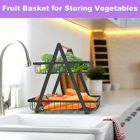 PAUANI 2/3 Haves(Black,3Layers) Tier Bread Vegetable Basket, Detachable Mesh Fruit Rack with Wooden Handle, Kitchens