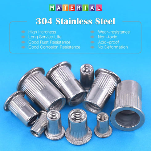 Glarks 20Pcs 3/8''-16UNC 304 Stainless Steel Rivet Nuts Flat Head Threaded Insert Nutserts Set