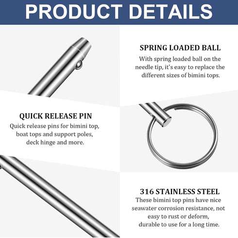 4 PCS Quick Bimini Top Pin, 316 Stainless Steel, Diameter 1/4 Inch, Total Length 2 Inch, Effective Length 1.5 Inch