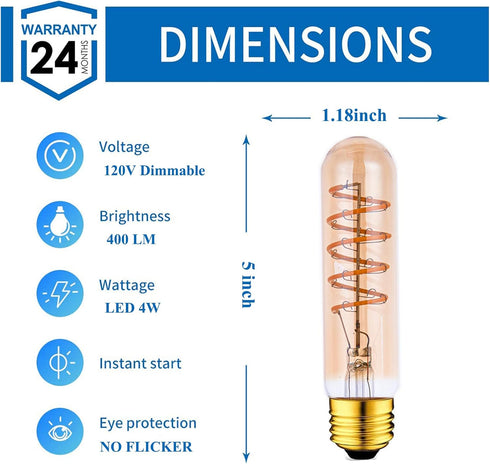 T10 LED Bulbs 40 Watt Equivalent 4W Dimmable Edison Tubular Light Bulb E26 Medium Base 2700K Warm White, T10 Vintage Amber Glass Spiral Filament LED Light Bulb, 2 Pack by Beonllay