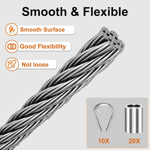 1/8" 100ft 7x7 (SR03) Rectoo wire cable, Wire Rope Metal Cable With Loop Sleeve And Steel Thimble, marine stainless