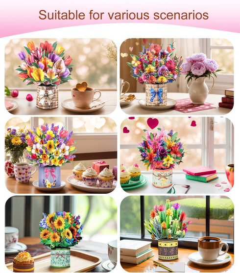 8 Pack 3D Magic Ants Pop Up Flower Bouquet Cards Assortment Beautiful Spring Floral Greeting Cards with Envelopes