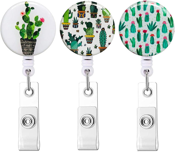 Badge Reel Retractable Badge Holder, Nurse Badge Reels with Alligator Clip, Cactus Design ID Card Holders (3-Pack)