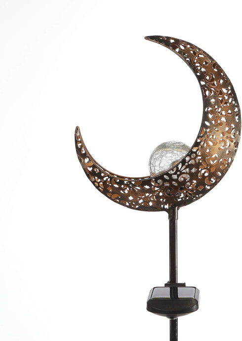 Garden Solar Light Outdoor Decorative - Moon Crackle Glass Globe Stake Metal Lights, Waterproof Warm White LED