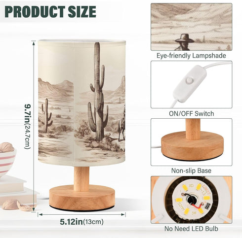 Nesatuwa Western Cowboy Theme Bedside Table Lamp Nightstand with Fabric Shade Night Lamp Wooden Base LED Desktop Lamp