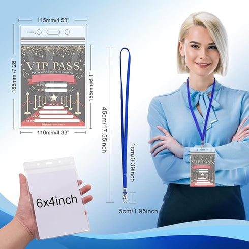50pcs Fushing Clear Plastic Vertical Name Tags Badge ID Card Holders and Blue Neck Lanyards with Swivel Hook
