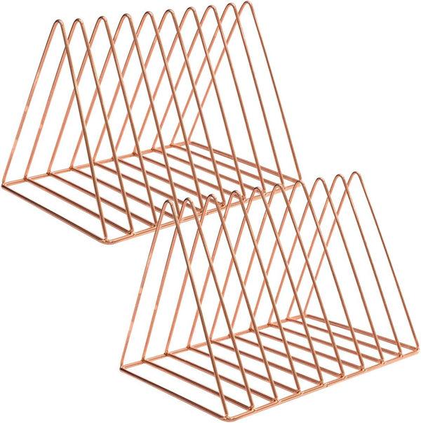 Sooyee 2 Pack Rose Gold Magazine Holder, 9 Slot Desktop File Sorter Organizer, Triangle Bookshelf Decor for Home Office