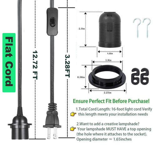 16Ft E26/E27 2 Pack, Plug in Pendant Light Cord - Hanging Light Kit Light Socket Hanging Lantern Lamp Cord with On/Off