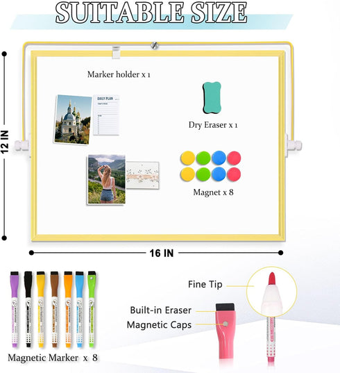 Magnetic Dry Erase White Board, 16" x 12" Double-Sided with Golden Aluminum Frame, Portable Small Set