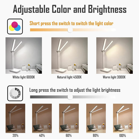 kvppvt LED Double Head Desk Lamp, Rechargeable Portable Table Lamp, Adjustable Light Color and Brightness, USB Powered
