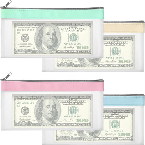 Sorcristy 4-Piece Multi-Purpose Money Pouch Set, Cash Envelopes 8.4 4.1 Inch, Small Zipper