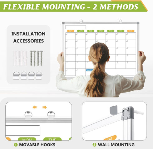 Magnetic Dry Erase Calendar Whiteboard - 24" x 18" Monthly Calendar, Wall Hanging Silver Aluminum Frame for Planning