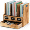 Wooden Desk File Organizer with 3 Compartments and 1 Drawer, Document Holder, Binder Rack with Chalkboard Label, Mail