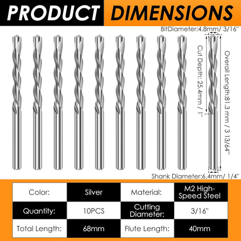 LYIYEYAN 10Pcs 3/16 Inch M2 Drywall Router Bits, Drywall Cutting Bit, High Speed Steel Spiral Downward Guidepoint Drill