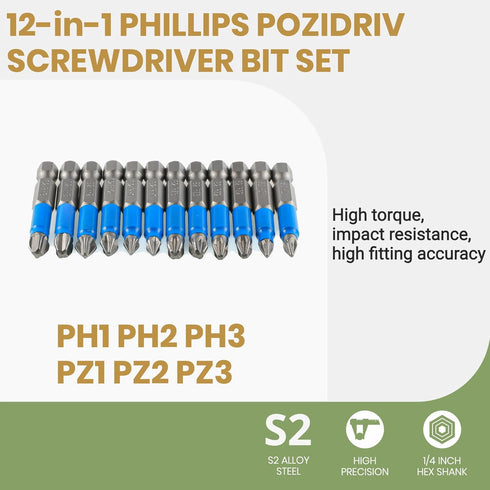 Anti Slip Phillips Cross Slot Pozidriv Screwdriver Bit Set, 12PCS 1/4 Inch Hex Shank, 2 Inch Length S2 Steel