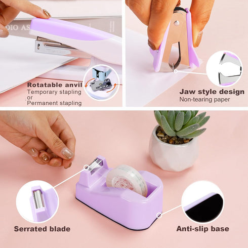 Purple Desk Accessories for Women, Cute Office Supplies Set - Stapler, Tape Dispenser, Scissors, Gift for Students