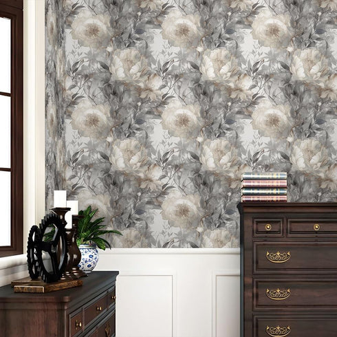 REDAMANCY 17.7"x236" Ivory Grey Peony Flower Watercolor Peel and Stick Wallpaper Modern Wall Paper Stick on Contact
