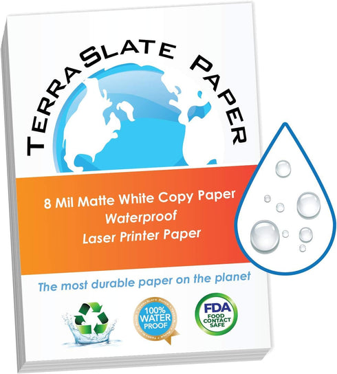 Waterproof Paper 8 MIL, 8.5 x 11 Inch, Bright White Laser Printer Paper, 25 Sheets