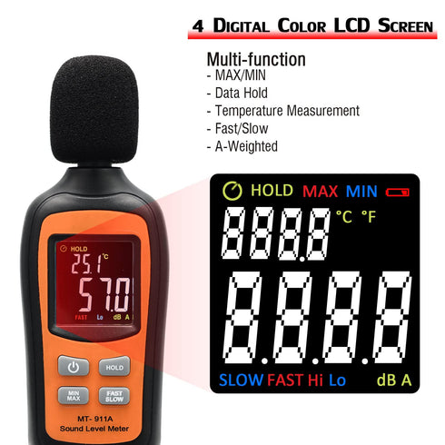 Decibel Meter, Digital Sound Level Meter Portable SPL Meter, 35dB to 135dB with Temperature Function for Home Use