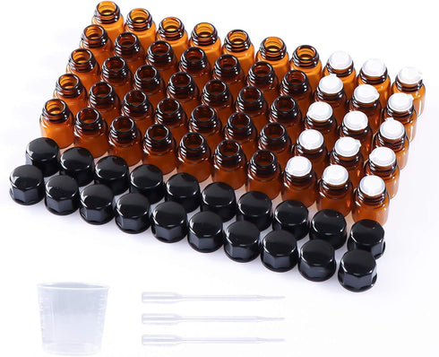50 Pack 1ml Amber Mini Glass Essential Oils Sample Bottles with Black Caps for Oils, Perfumes & Lab Chemicals