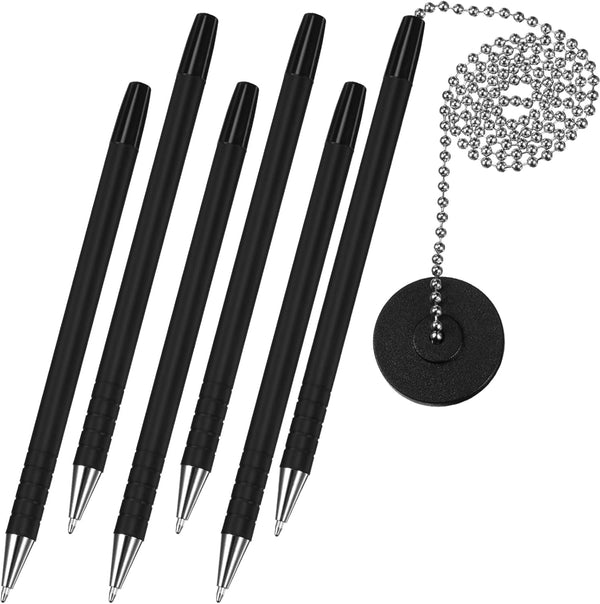Outus 6 Pcs Clipboard Pens with Chain - Reception Counter Security Pen with Base Holder, Black Ink