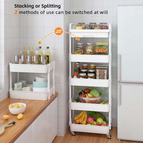 Calmootey 5-Tier Rolling Utility Cart with Drawer, Multifunctional Storage Organizer with Plastic Shelf & Metal Wheels,