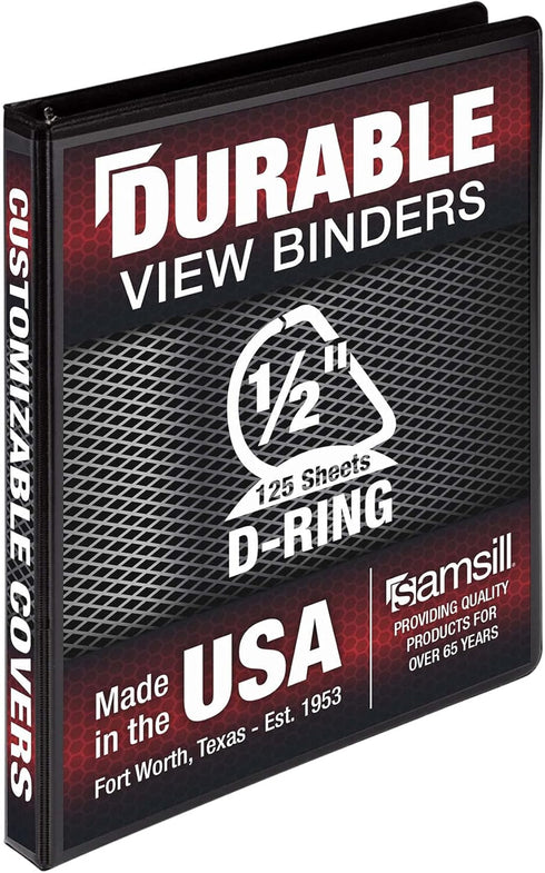 Samsill Durable 0.5 Inch D Ring Binder, Customizable Clear View Binder, Black, Made in the USA, Holds 125 Pages
