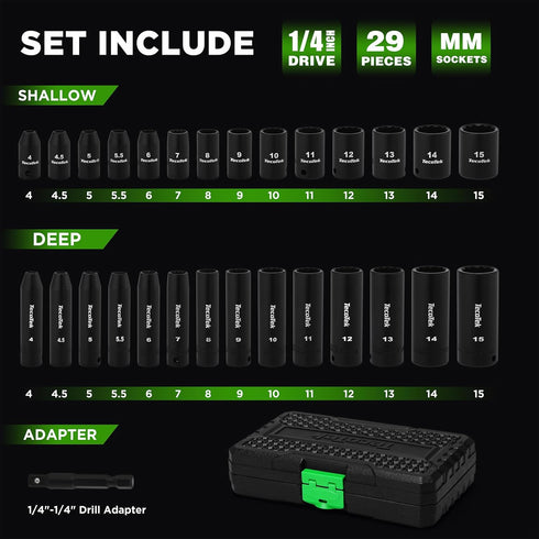 29 1/4-Inch 12-Point Set, 4-15mm 1/4"-1/4" TecoTek Pieces Drive Shallow and Deep Impact Socket CR-V, Metric, Drill