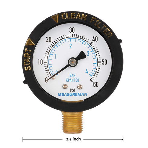 Measureman 2” Pool Filter Pressure Gauge, 60 PSI, 1/4” NPT Bottom Mount for Swimming Pool and Spa