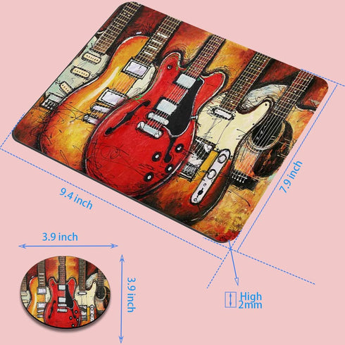 Gaming Mouse Pad Customized Tapestry Guitar Design Non-Slip Rubber Base with Coaster Set for Office and Gaming