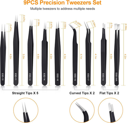 9PCS Precision Tweezers Set, Upgraded Anti-Static Stainless Steel of Tweezers, for Electronics, Soldering, Laboratory Work, Jewelry-Making, Model, Craft