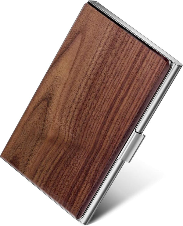 MaxGear Walnut Wood Business Card Holder, Professional Slim Card Case for Men & Women, Black