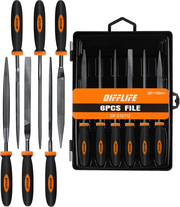 Needle File Set, 6-Piece Carbon Steel with Flat, Square, Triangular, Round, Half-Round Files