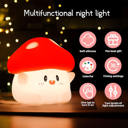50Hrs 2 Mushroom Night Light Color Changing, Mushroom Lamp, Tap Control Brightness & Timer, Rechargeable Squishy Night